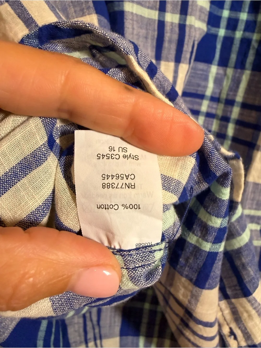 Blue Cream Plaid Cotton Popover Shirt Partial Button Placket Preppy Coastal Sz S